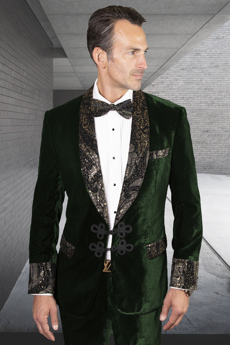 Men’s Designer Velvet Tuxedo With Double Frog Closure and Paisley Embroidery in Hunter Green