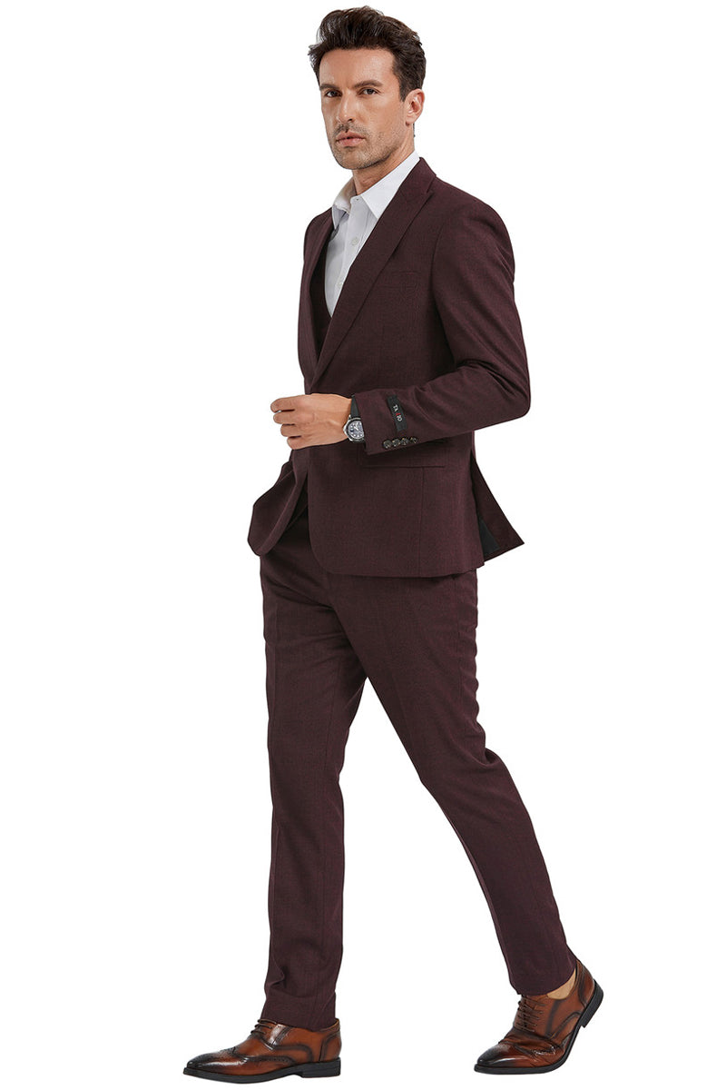 Men’s Slim Fit One Button Peak Lapel Suit with Double Breasted Vest in Burgundy Sharkskin