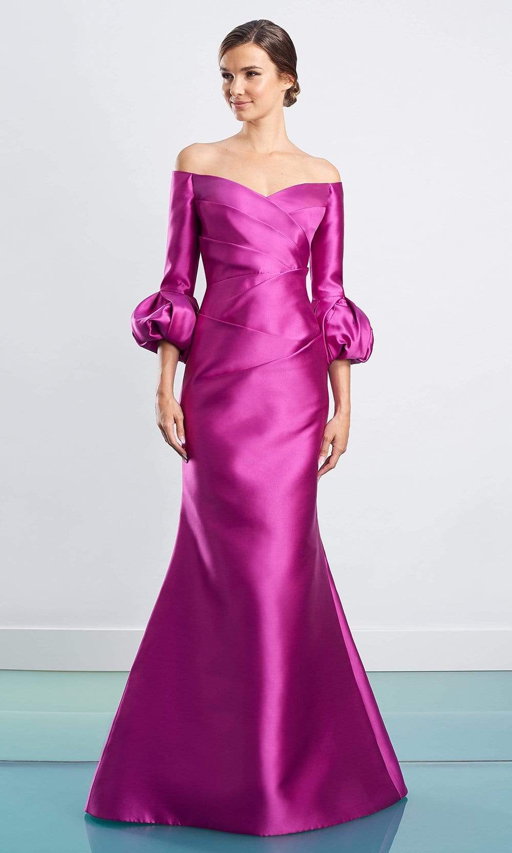 1465 Off Shoulder Faux Wrap Trumpet Gown