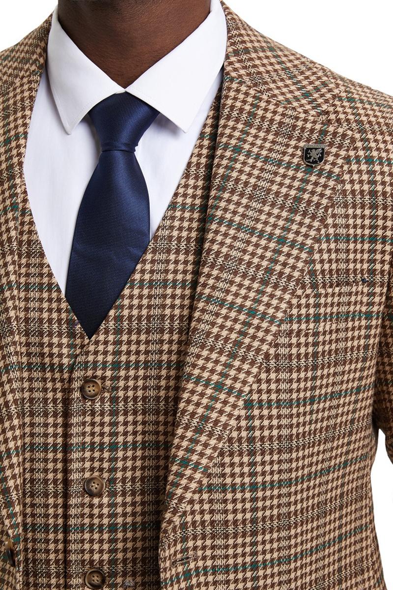 Men’s Stacy Adams Vested Modern Fit Houndstooth Glen Plaid Suit in Camel & Green
