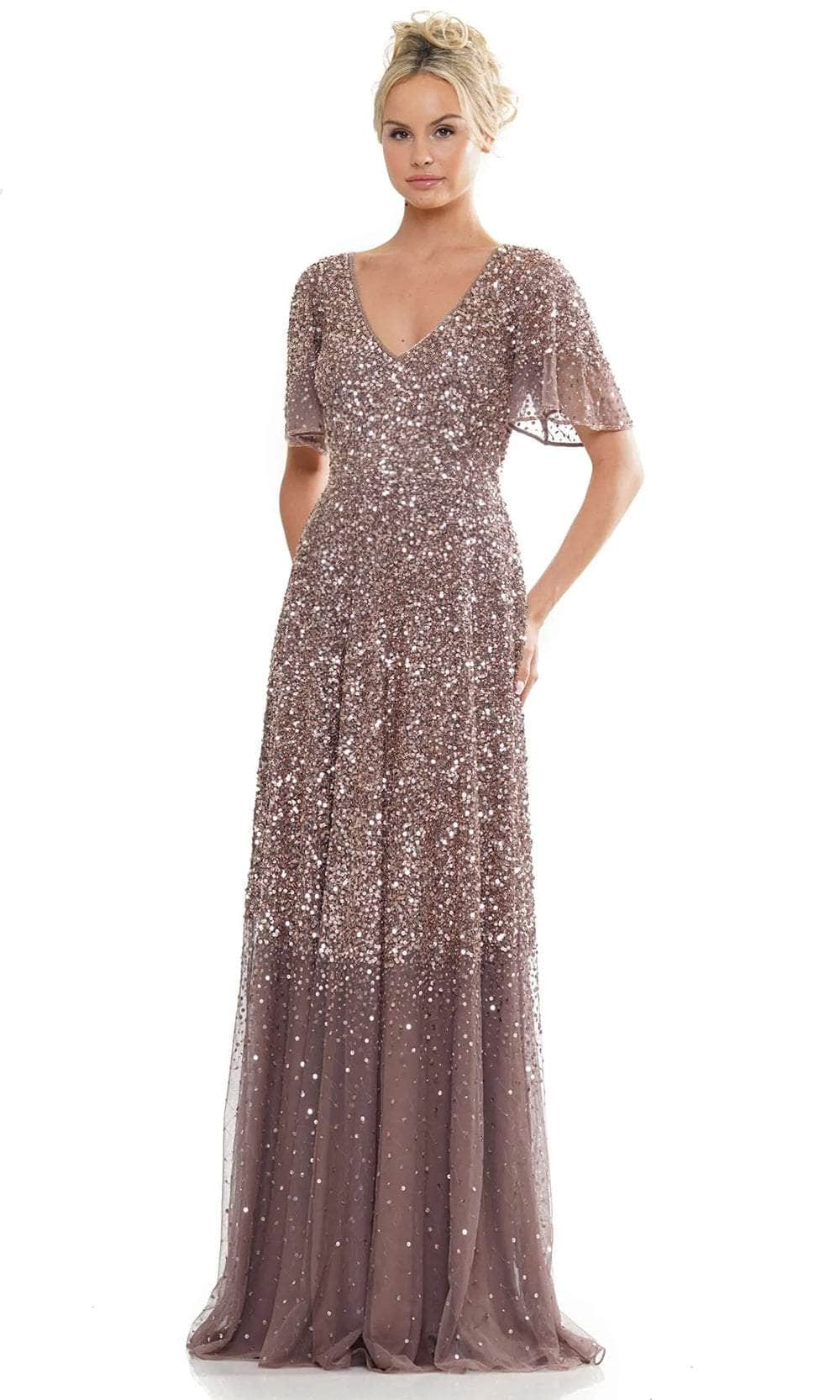 Flutter Sleeve Sequin Evening Dress