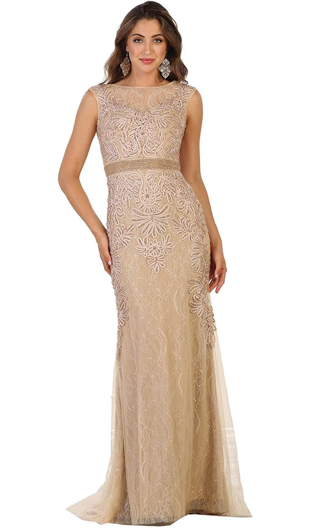 Bedazzled Sheer Bateau Sheath Evening Dress