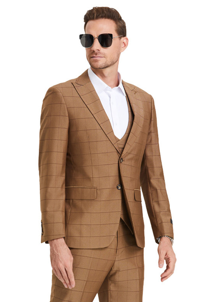 Men’s Two Button Vested Peak Lapel Sharkskin Suit in Camel Windowpane Plaid