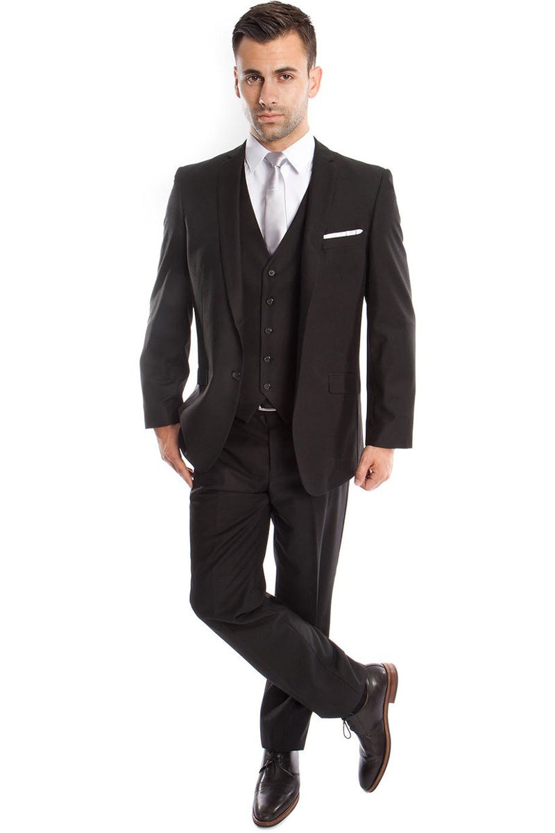 Men’s Two Button Slim Fit Basic Vested Wedding Suit in Black