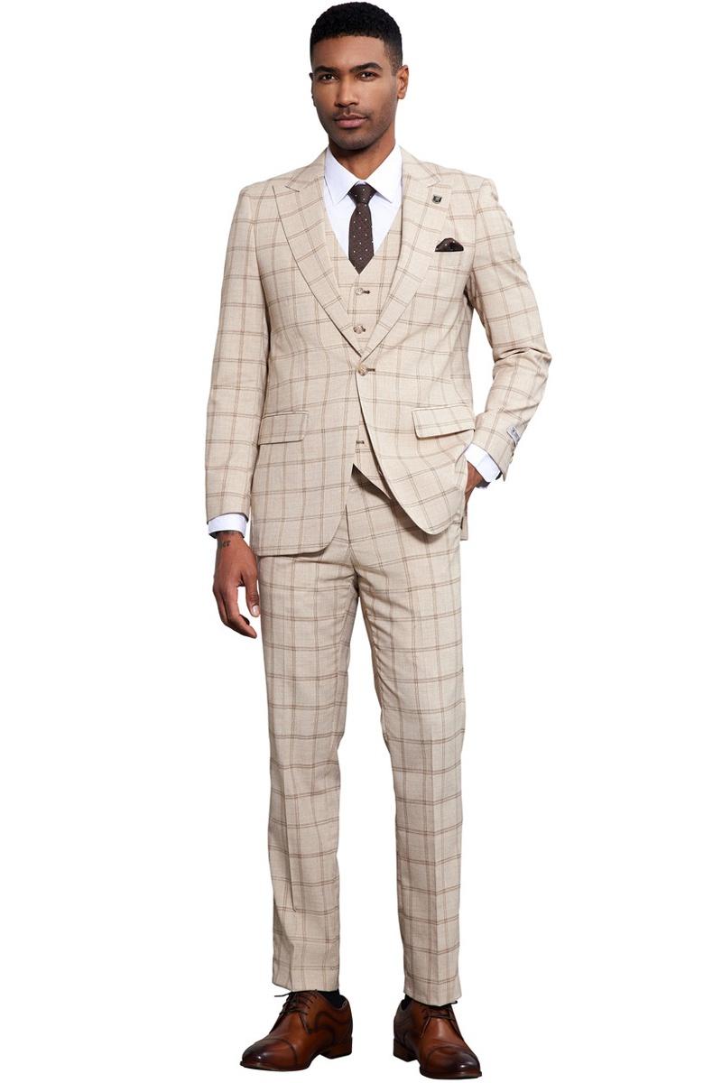 Men’s Stacy Adams One Button Peak Lapel Vested Windowpane Plaid Suit in Tan