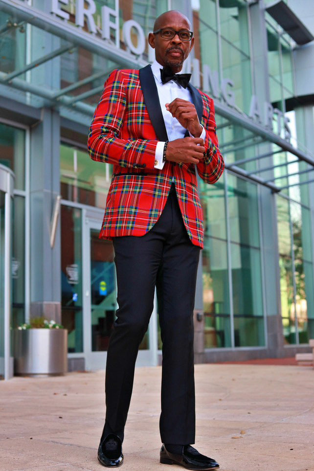 Men’s Christmas Holiday Tuxedo Jacket Blazer in Red Tartan Plaid