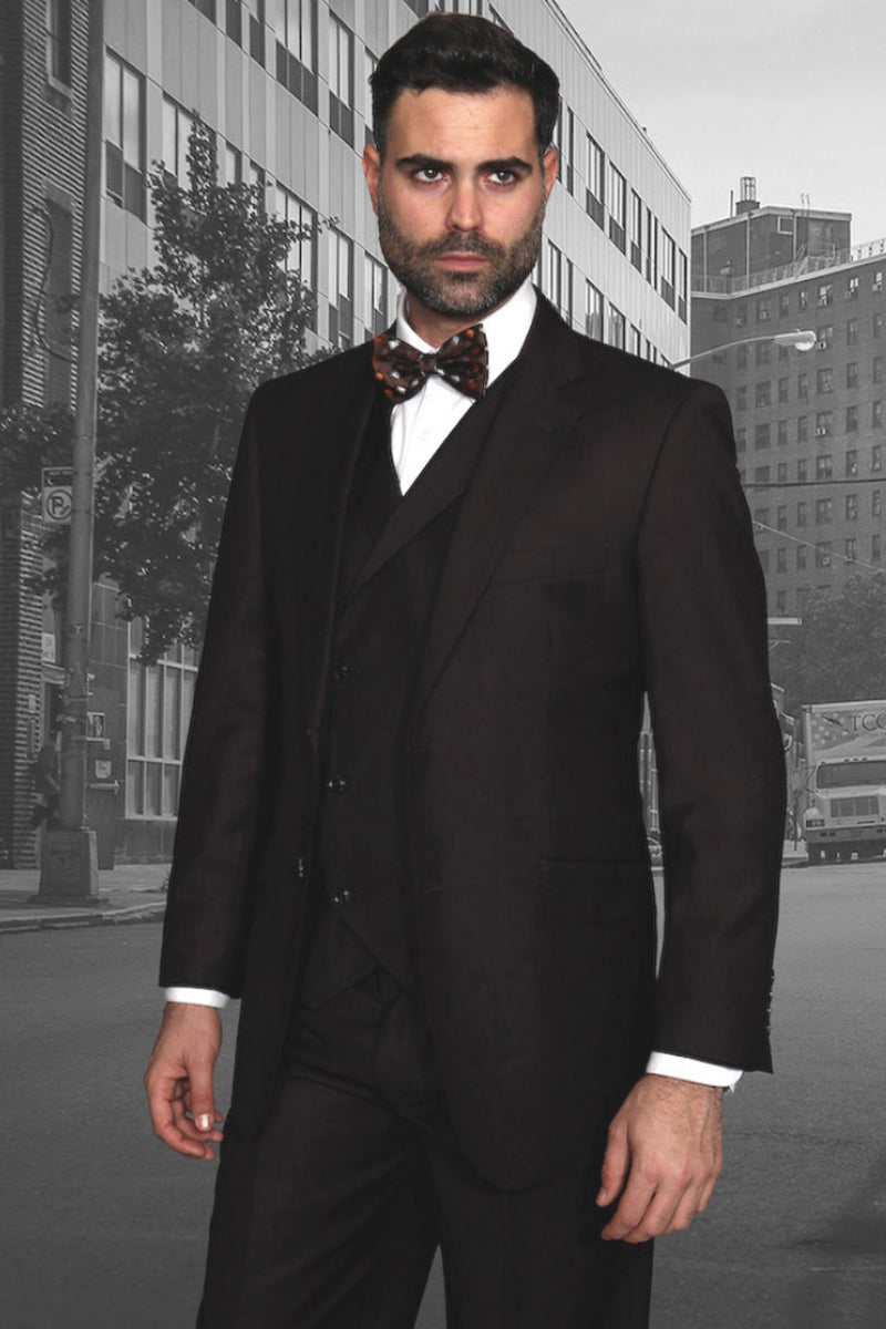 Men’s Designer Classic Fit Pleated Pant Wool Suit with Double Breasted Vest in Brown