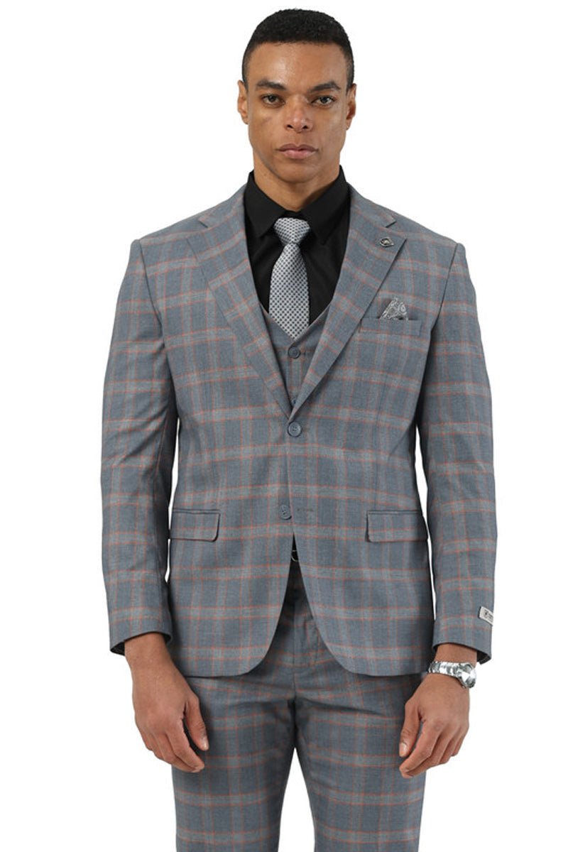 Men’s Designer Stacy Adams Vested Glen Plaid Suit in Grey & Orange