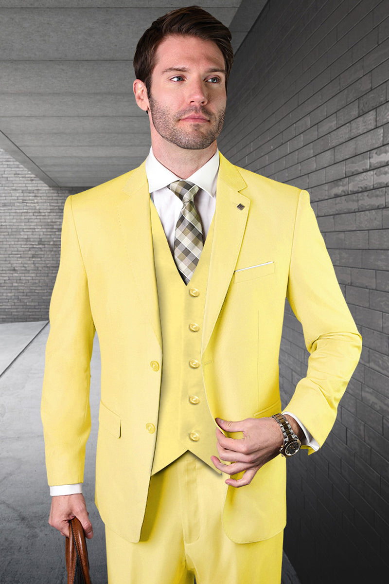 Men’s Designer Vested Modern Fit Wool Business & Wedding Suit in Yellow