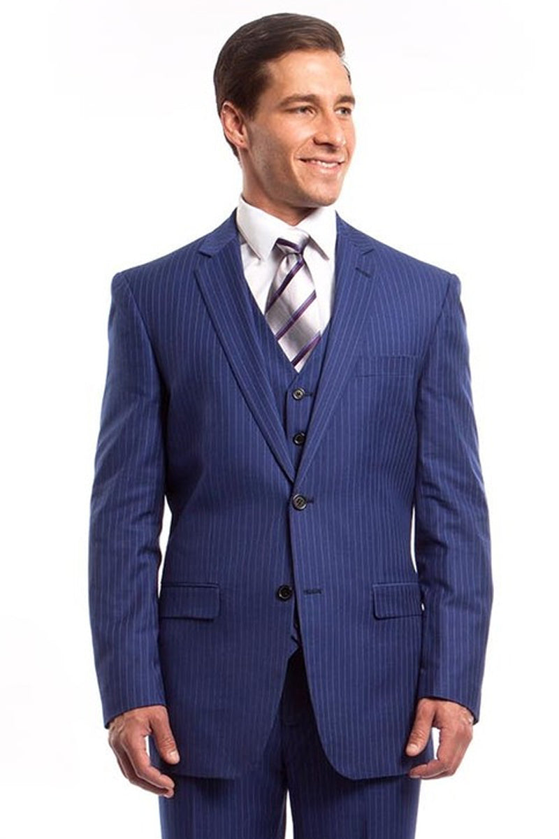 Men’s Two Button Vested Business Suit in French Blue Pinstripe