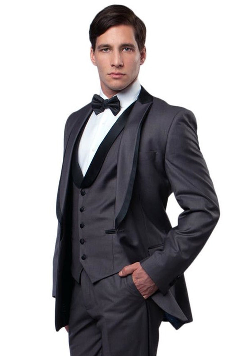 Men’s One Button Satin Trimmed Peak Lapel Vested Fancy Tuxedo in Charcoal Grey