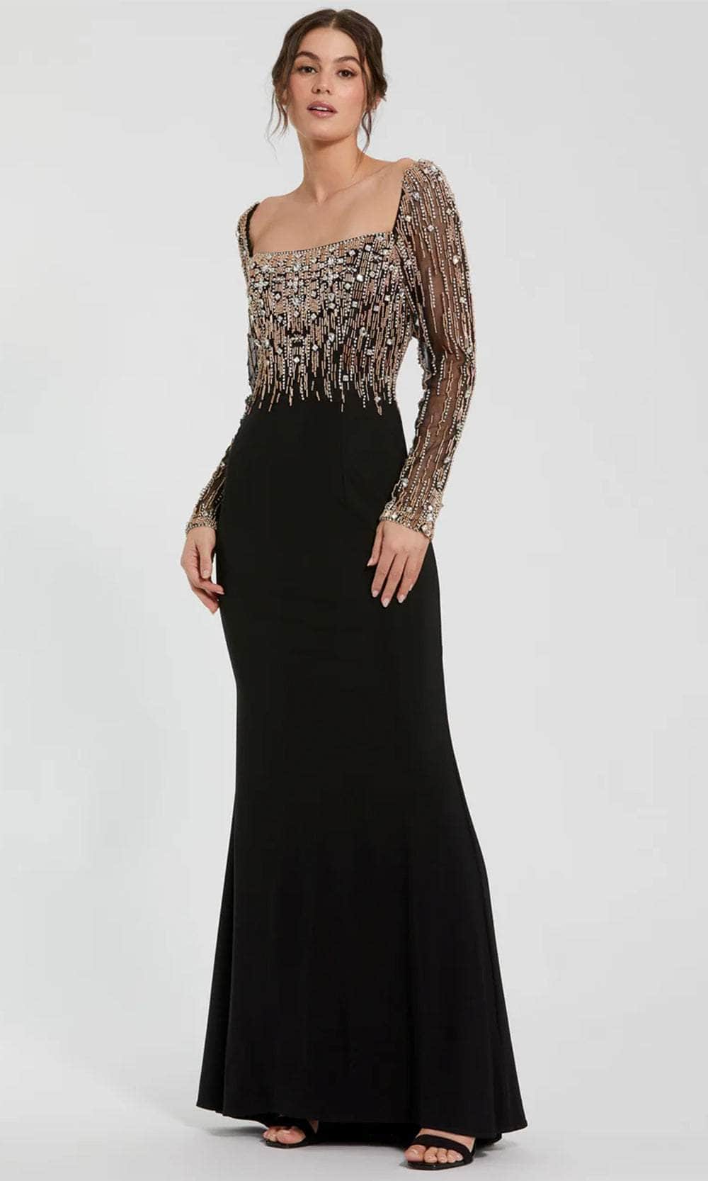Sheer Sleeve Beaded Top Evening Dress