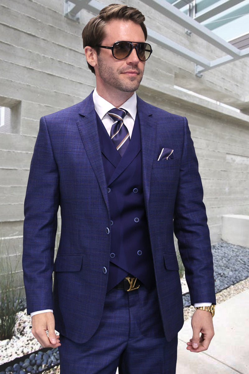 Men’s Designer Wool Suit in Sapphire Blue Sharkskin with Double Breasted Vest