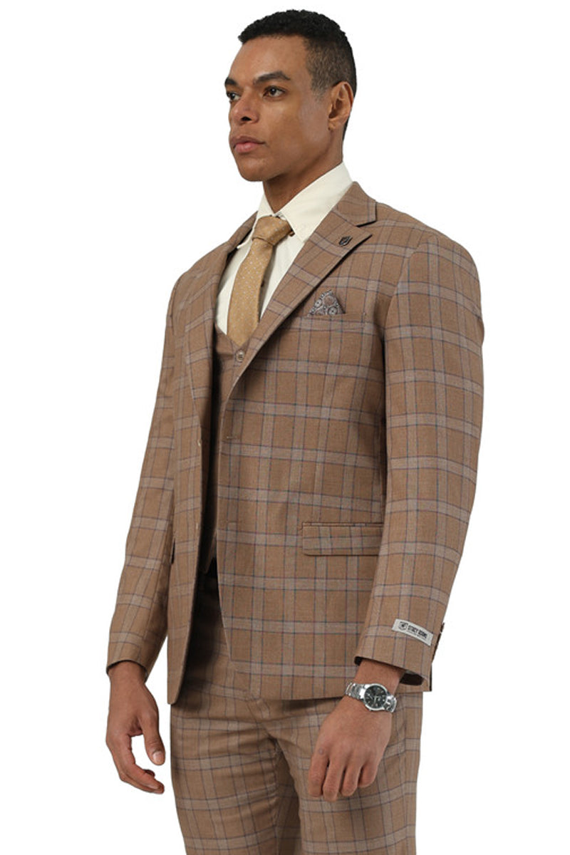 Men’s Designer Stacy Adams Vested Glen Plaid Suit in Brown