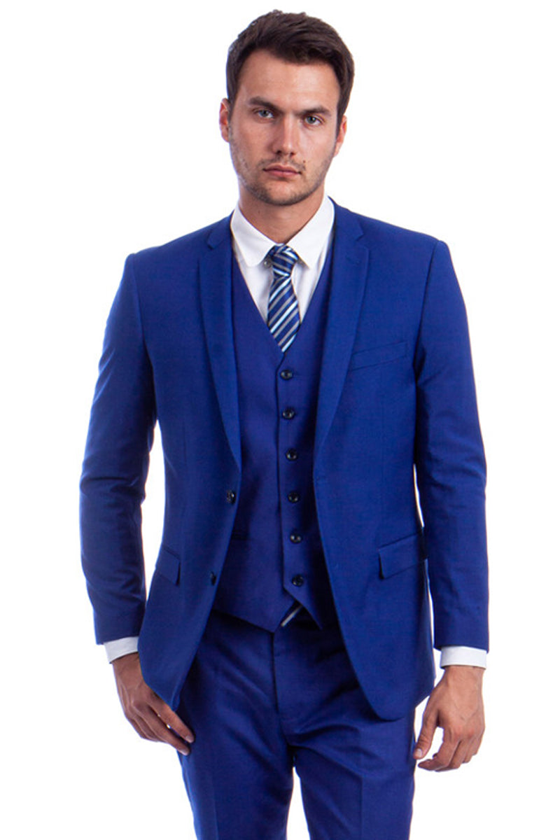 Men’s Vested Two Button Solid Color Wedding & Business Suit in Royal Blue