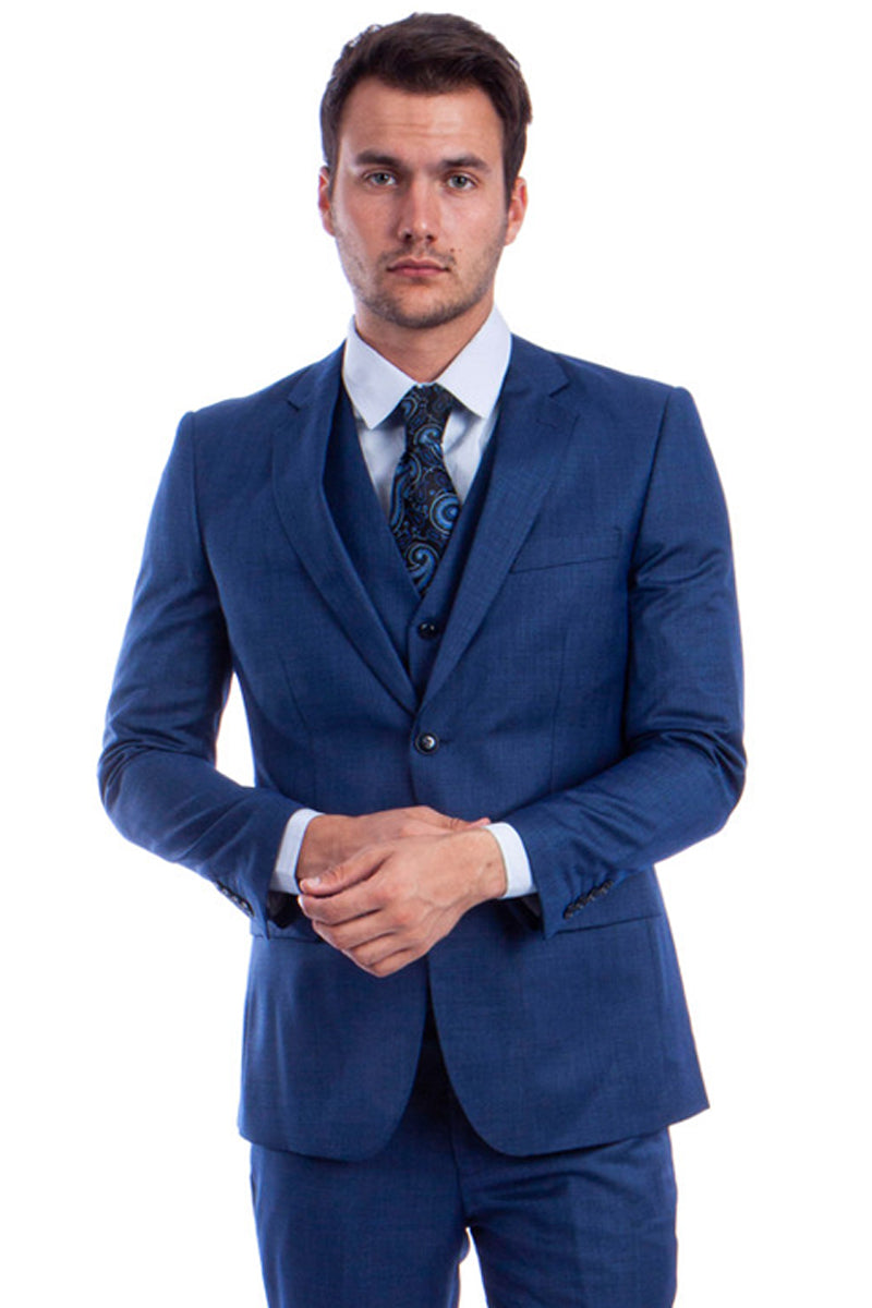 Men’s Two Button Hybrid Fit Vested Sharkskin Wedding & Business Suit in Blue
