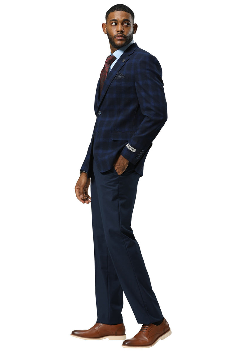 Men’s Stacy Adams Modern Fit Business Sport Coat Blazer in Dark Navy Blue Plaid