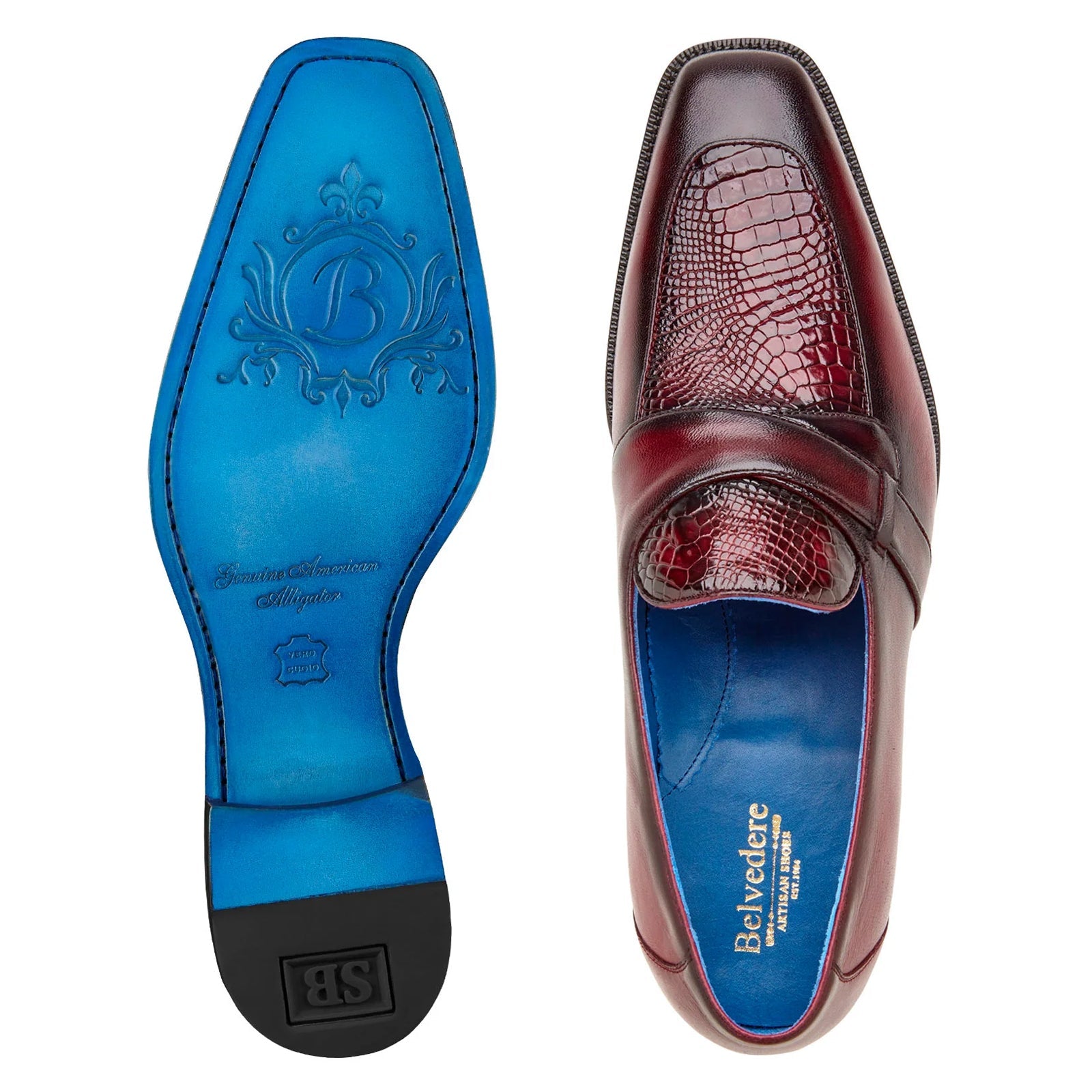 Men’s Belvedere Tornado Alligator & Calfskin Slip On Dress Loafer in Burgundy