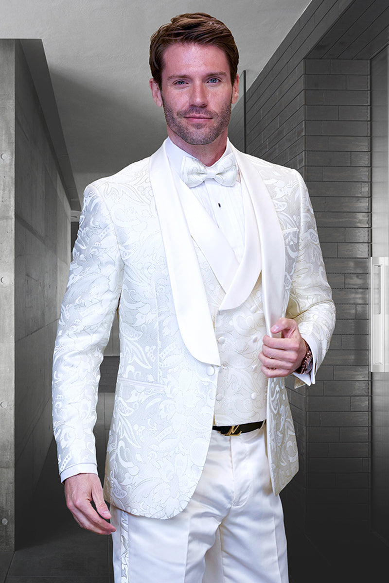 Men’s Vested Shiny Paisley Prom & Wedding Tuxedo in Ivory Off White