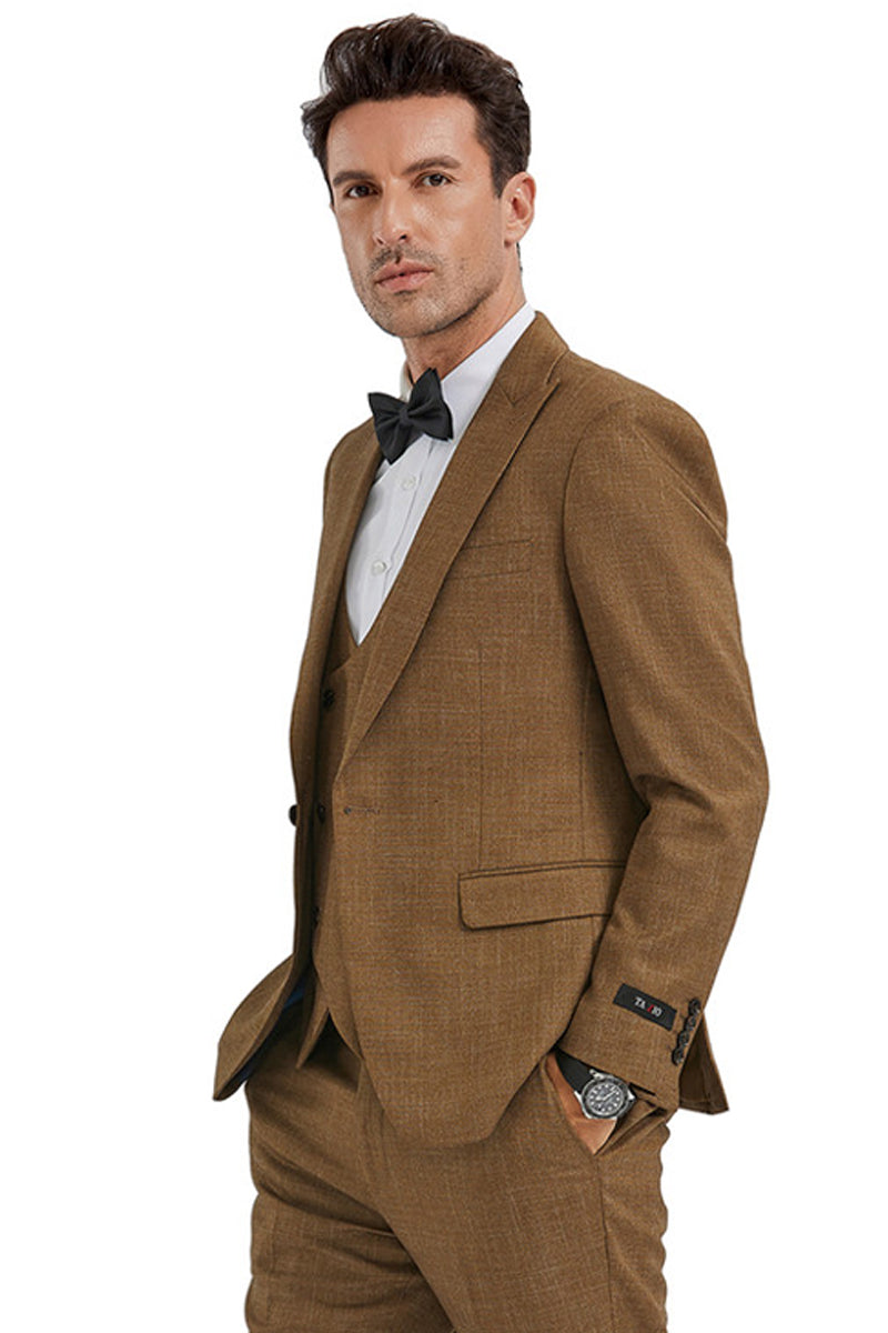 Men’s Slim Fit One Button Peak Lapel Suit with Double Breasted Vest in Camel Sharkskin