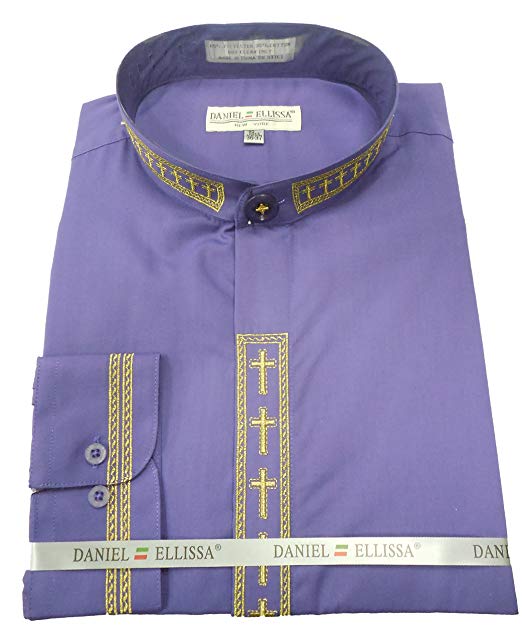 Men’s Cross Embroidered Banded Collar Dress Clergy Shirt in Purple & Gold