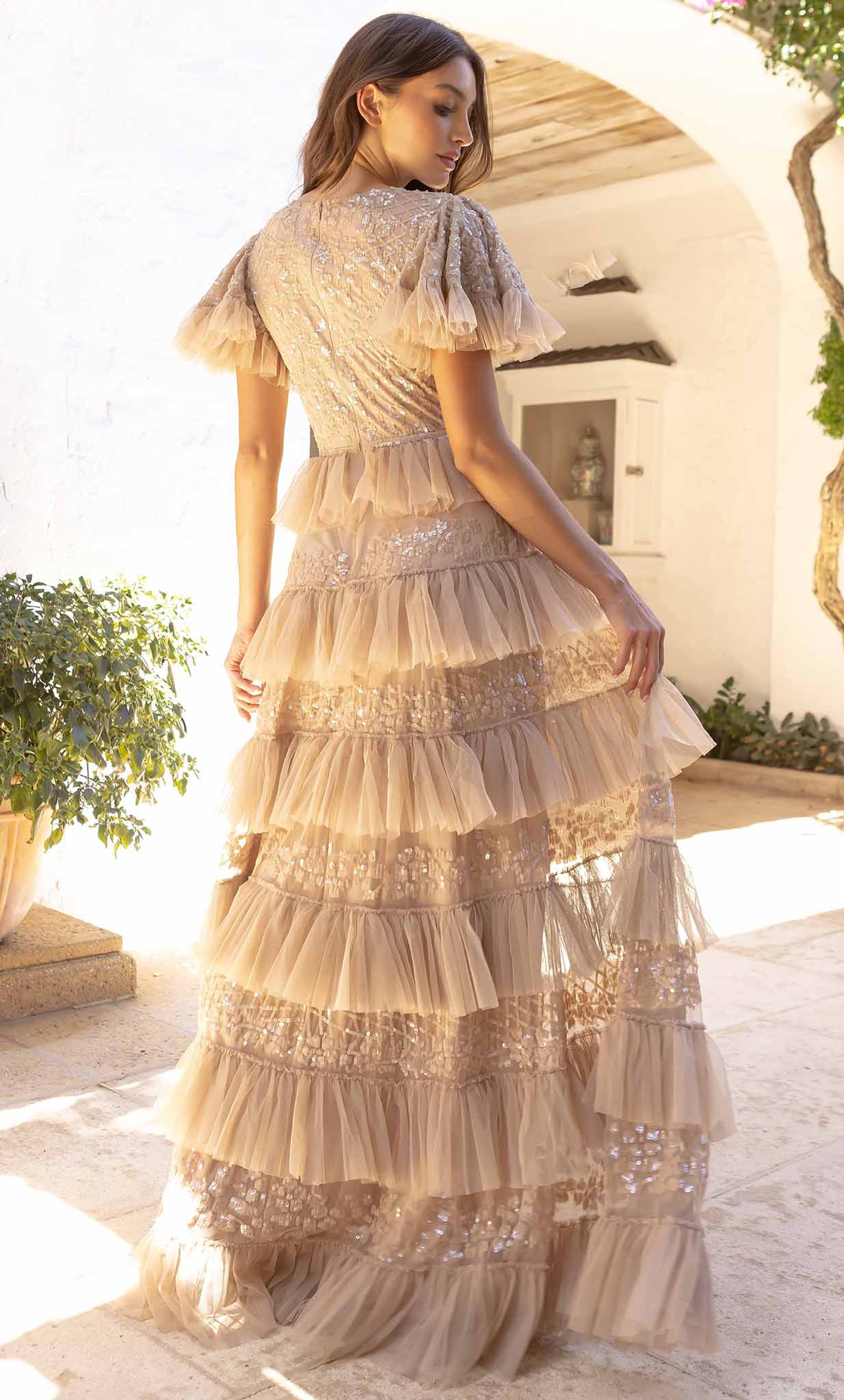 Tiered Tulle Sequined Long Gown