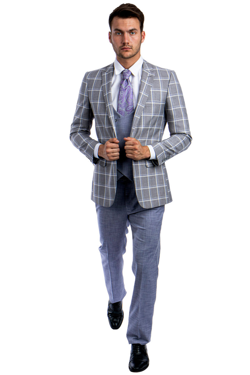 Men’s One Button Peak Lapel Grey & Blue Windowpane Plaid Suit with Double Breasted Vest