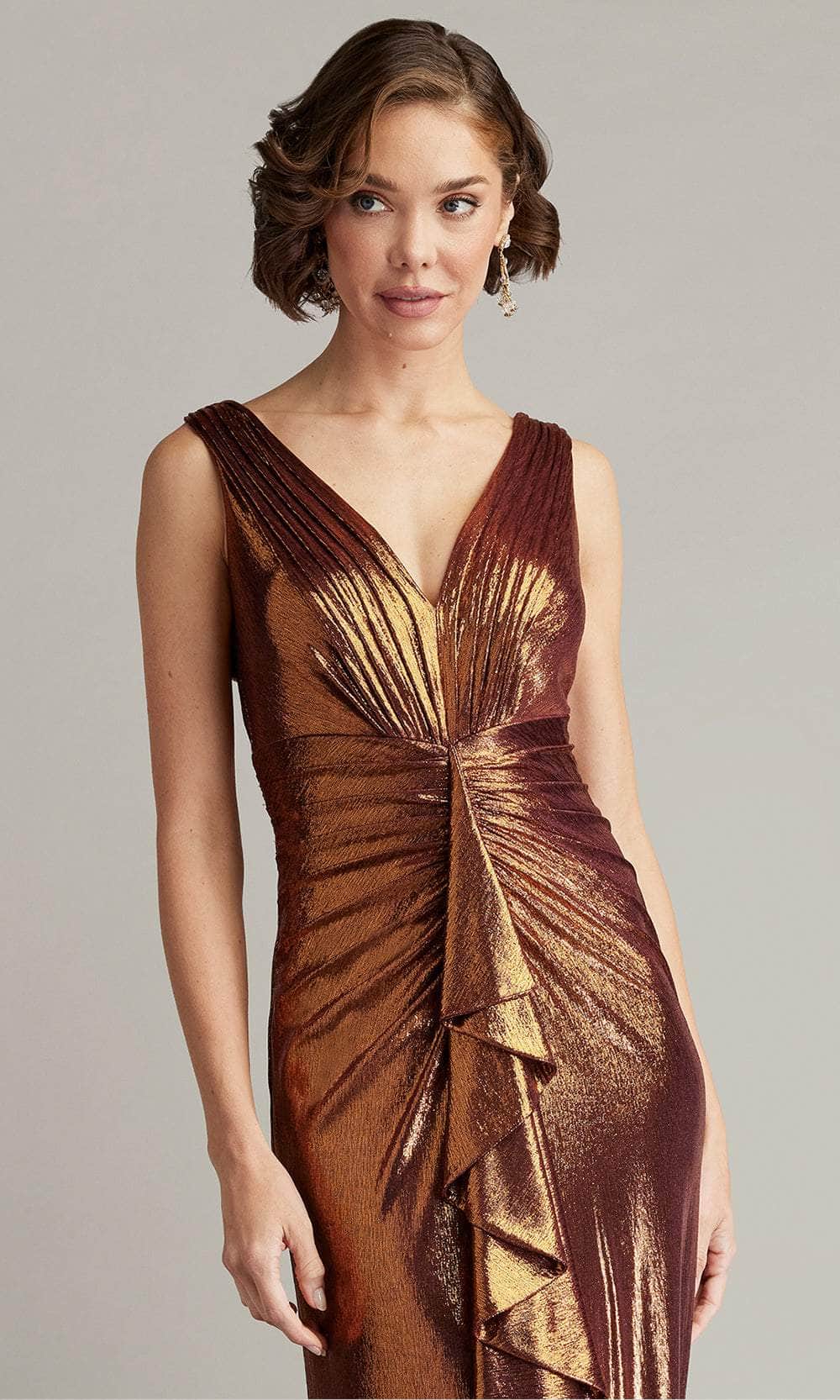 Vox V-Neck Slit Metallic Waterfall Drape Gown