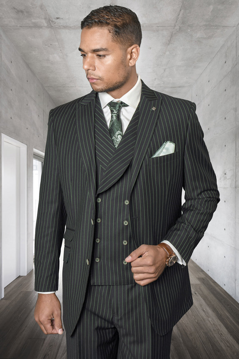 Men’s Designer Wool Pleated Pant Vested Suit in Bold Hunter Green Gangster Pinstripe