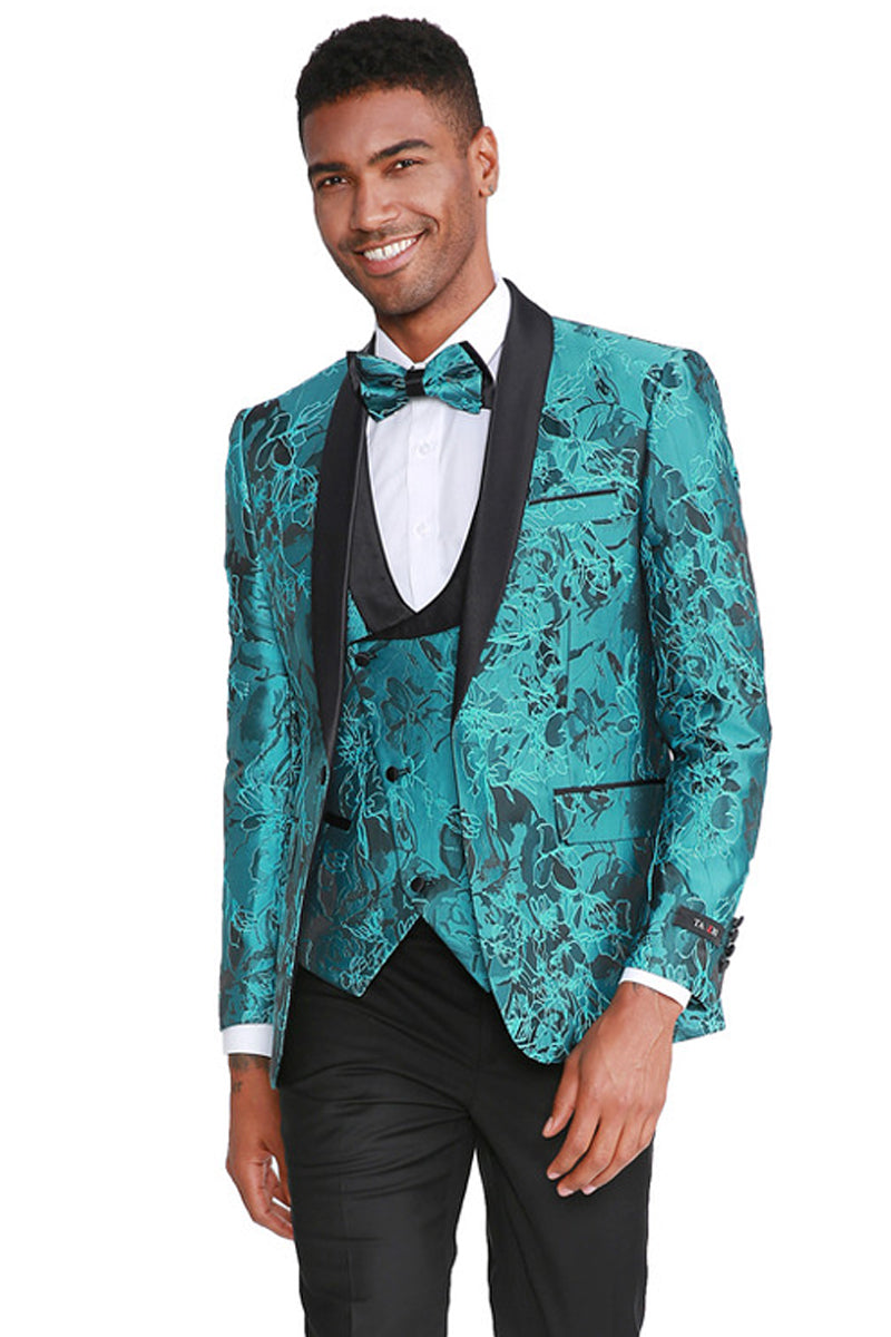 Men’s Slim Fit One Button Vested Paisley Shawl Lapel Prom Tuxedo in Turquoise