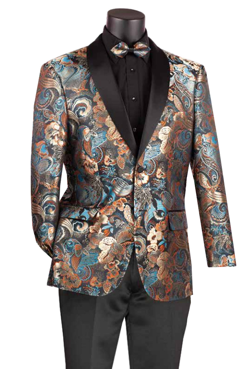 Mens Japanes Floral Paisley Print Prom & Wedding Tuxedo Jacket in Navy Blue