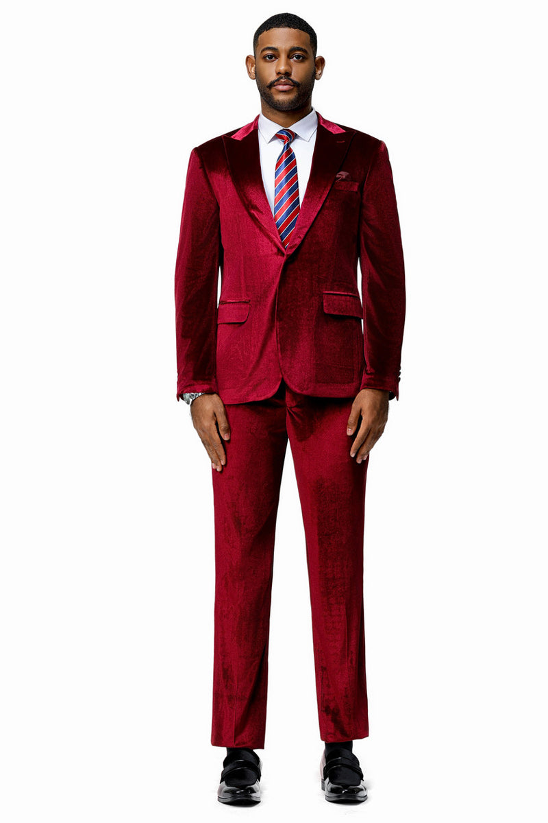 Men’s Slim Fit One Button Velvet Wedding & Prom Suit in Burgundy