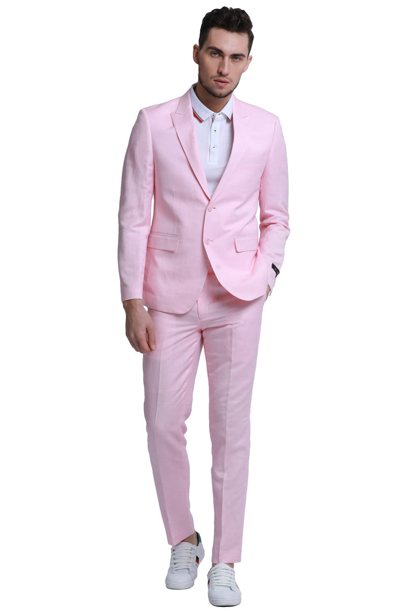 Men’s Two Button Peak Lapel Summer Linen Style Beach Wedding Suit in Pink
