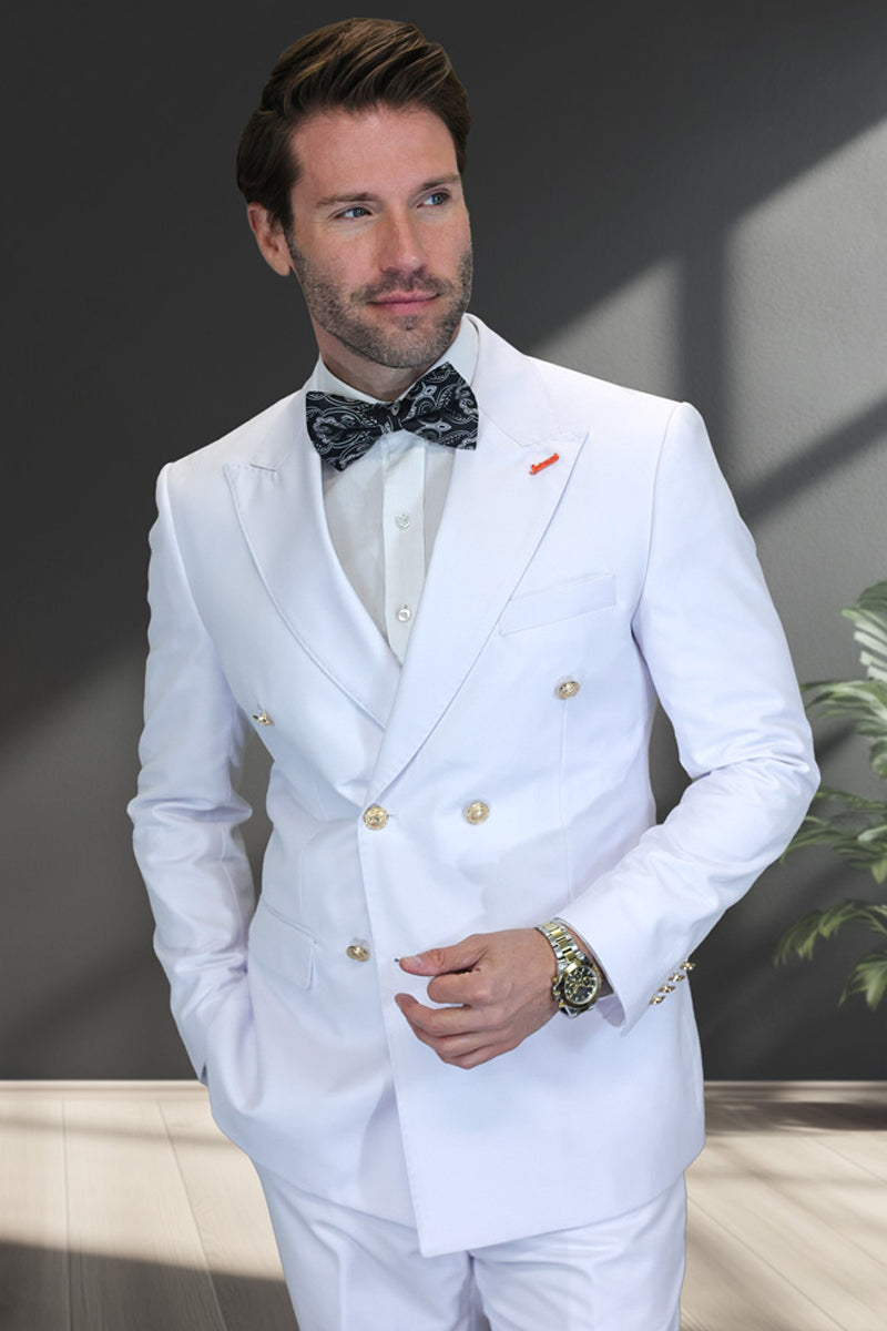 Men’s Designer Modern Fit Double Breasted Wool Suit with Gold Buttons in White