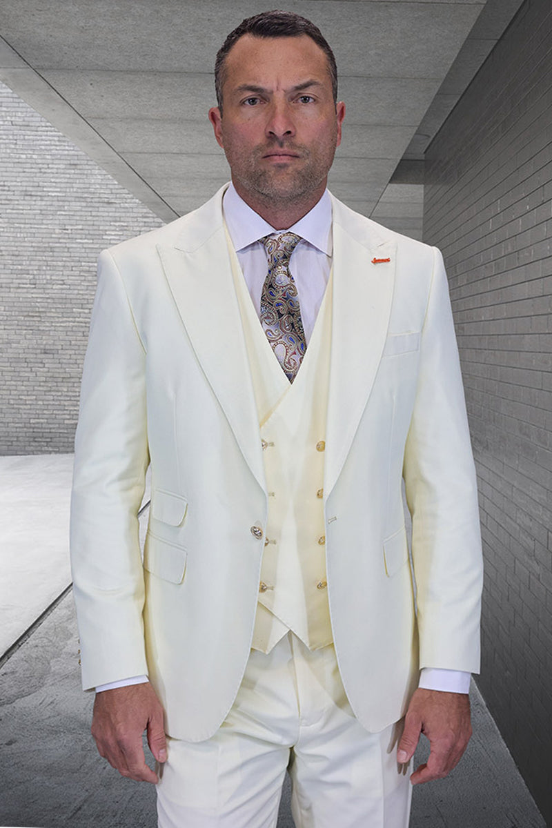 Men’s Designer Wool Vested One Button Peak Lapel Suit in Off White Ivory with Gold Buttons