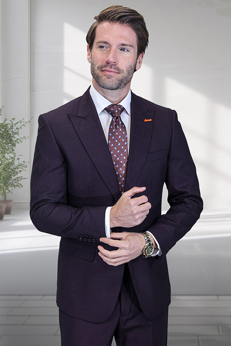 Men’s Designer Two Button Peak Lapel Wool Suit in Eggplant Purple Windowpane Plaid