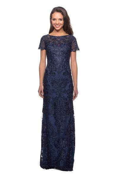 26405 Short Sleeve Jewel-Adorned Lace Sheath Gown