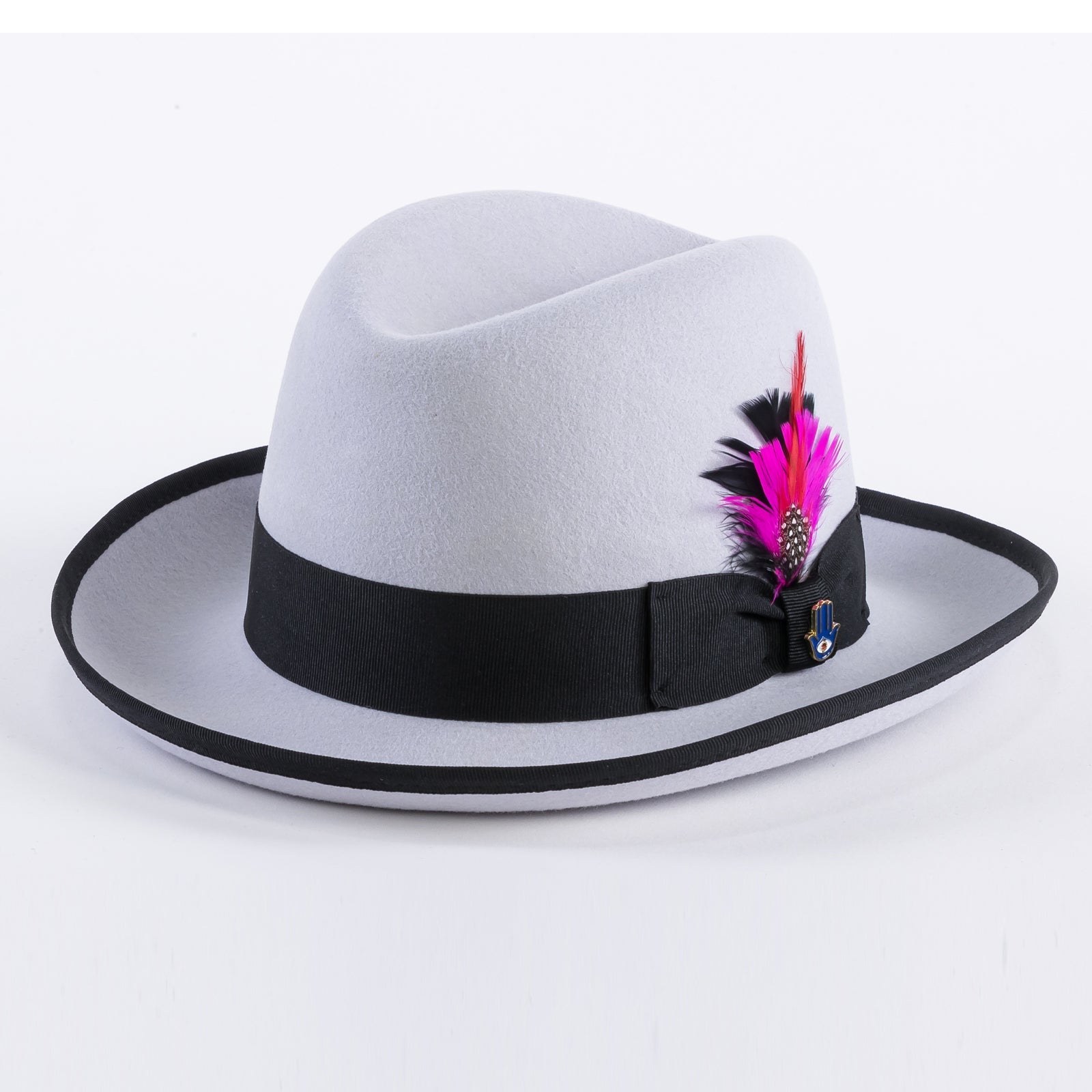 Mens Classic Gangster Godfather Wool Dress Hat in Light Grey & Black