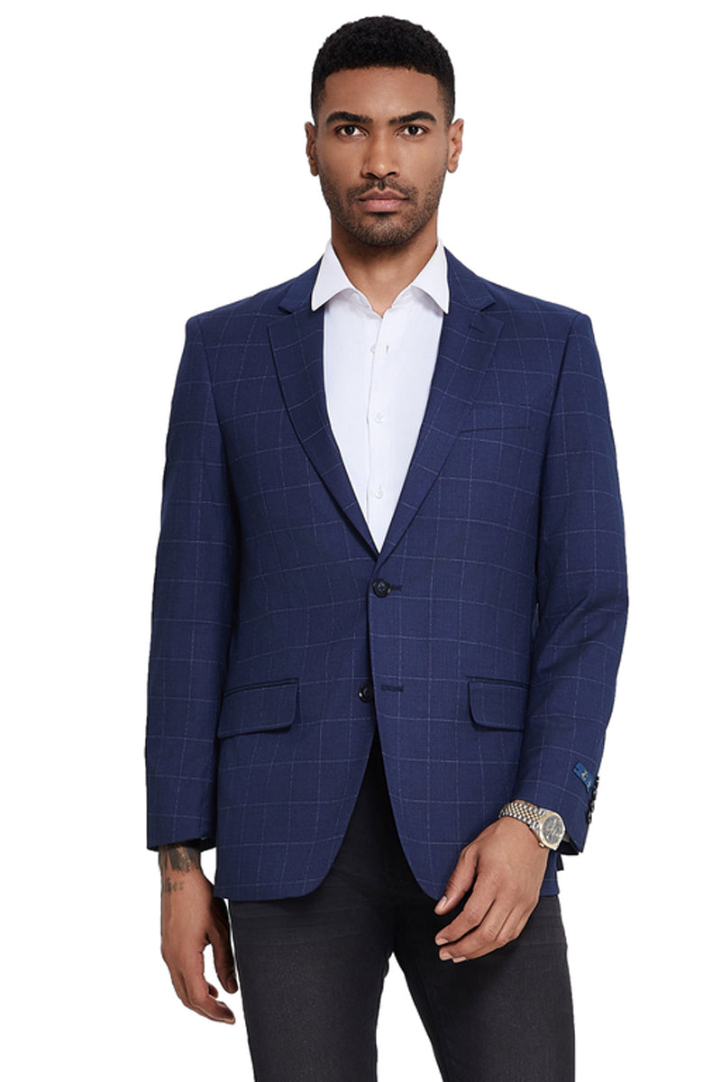 Men’s Two Button Modern Fit Sport Coat in Navy Windowpane Plaid