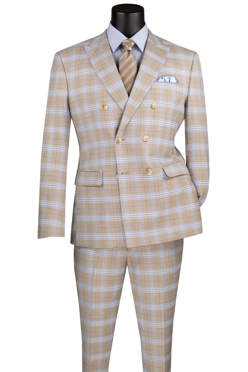 Men’s Slim Fit Double Breasted Suit in Tan Windowpane Plaid