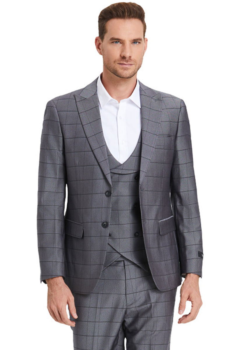 Men’s Two Button Vested Peak Lapel Sharkskin Suit in Charcoal Grey Windowpane Plaid