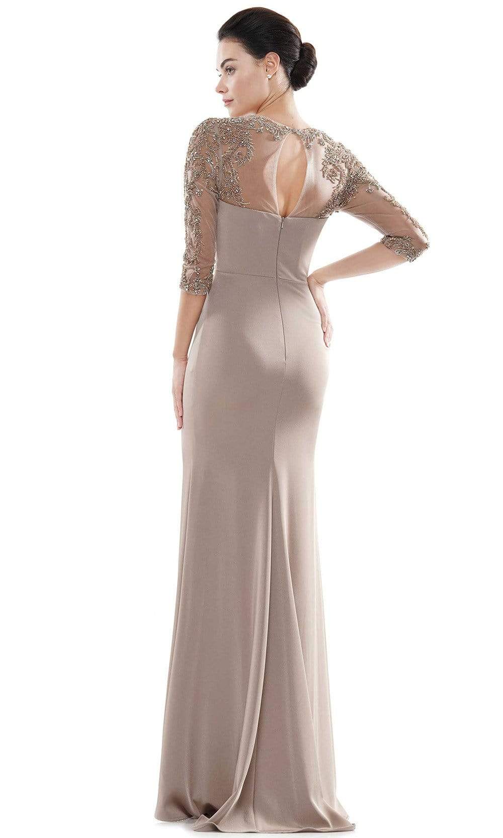 MV1070 Beaded Sheer Sleeves V Neckline Slit Gown
