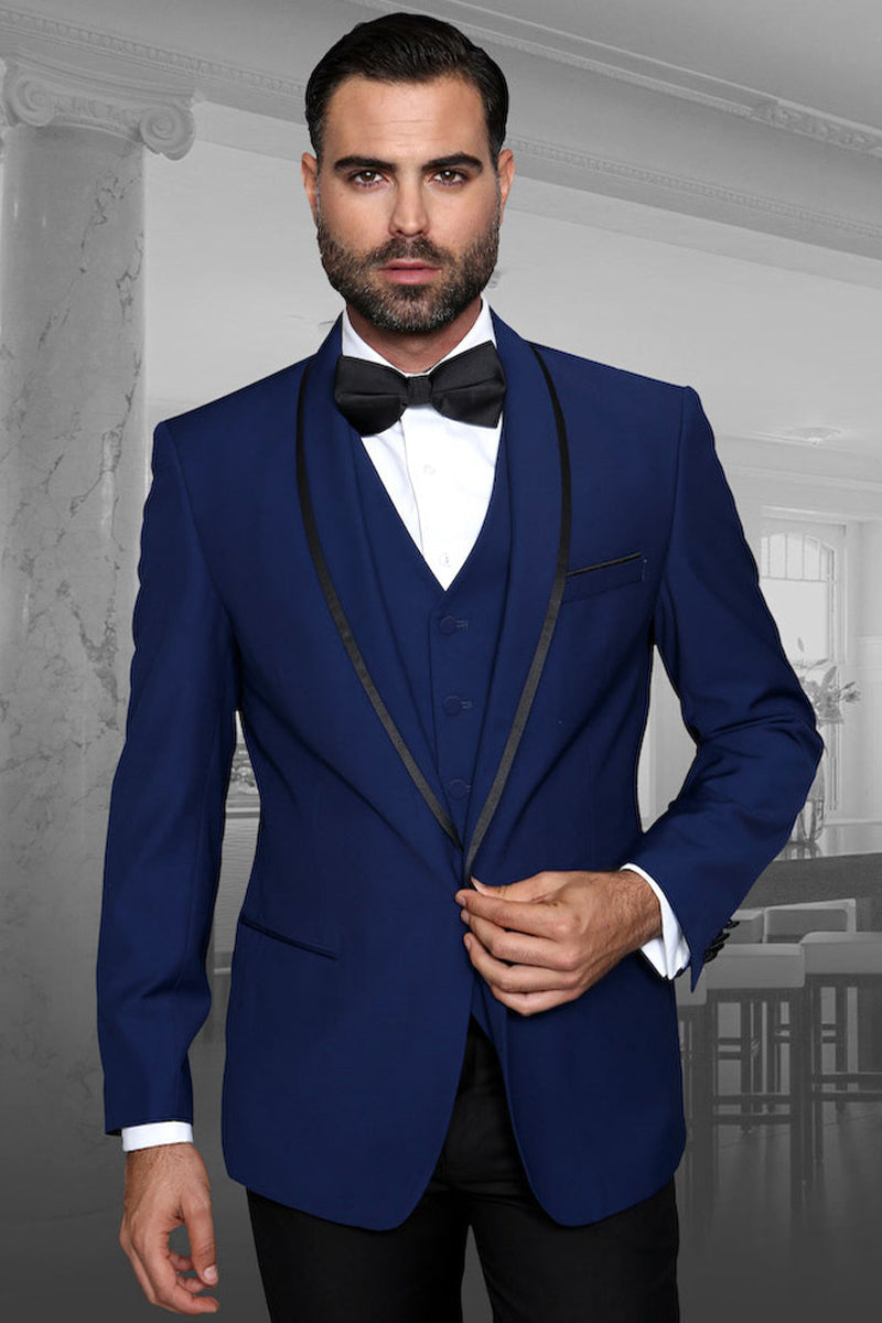 Men’s Designer Vested Satin Trim Shawl Wedding & Prom Tuxedo in Sapphire