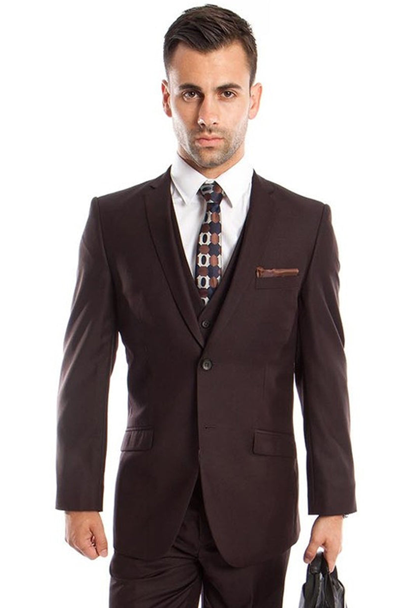 Men’s Two Button Slim Fit Basic Vested Wedding Suit in Brown