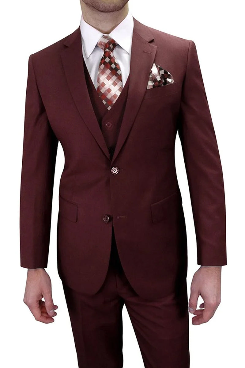 Mens Two Button Classic Fit Vested Suit in Burgundy