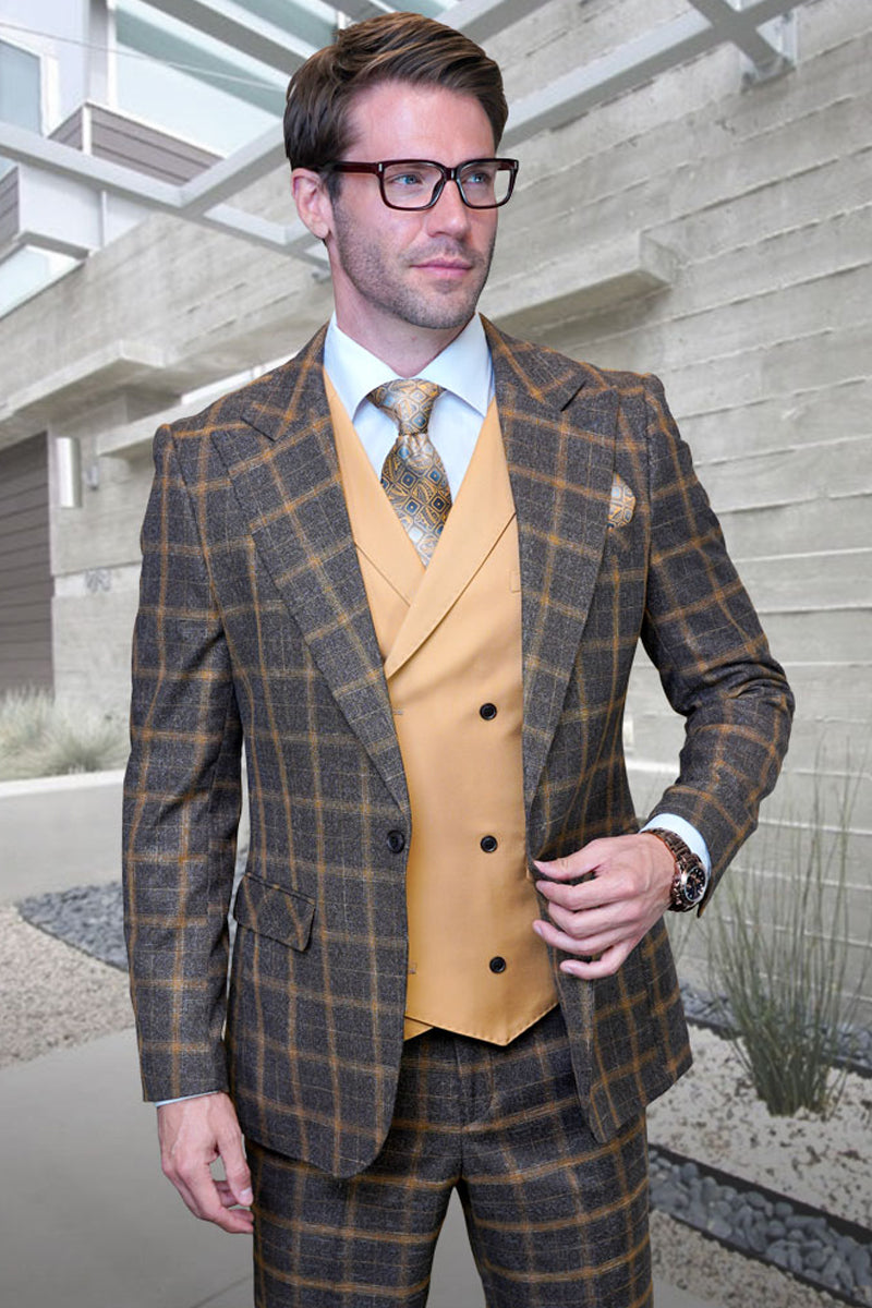 Men’s Designer One Button Vested Wool Peak Lapel Suit in Camel & Gold Windowpane Plaid