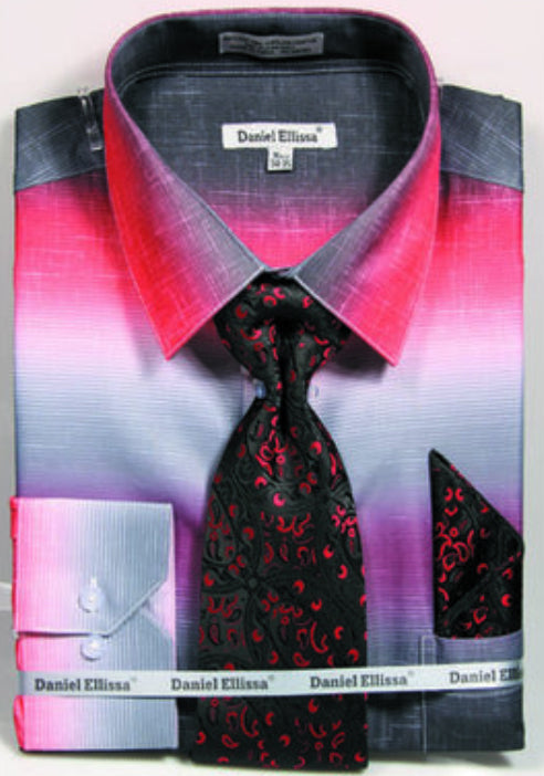 Men’s Multi-Color Faded Print Dress Shirt & Tie Set in Red