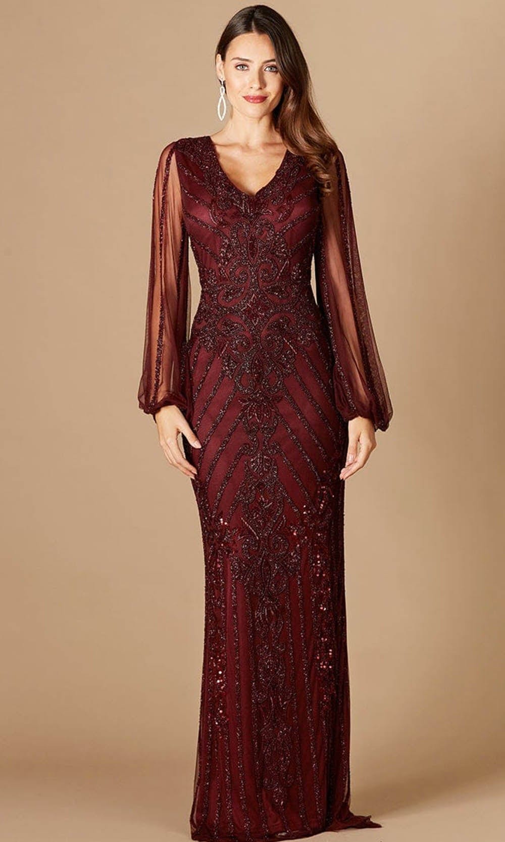 Bishop Sheer Sleeves Beaded Long Dress