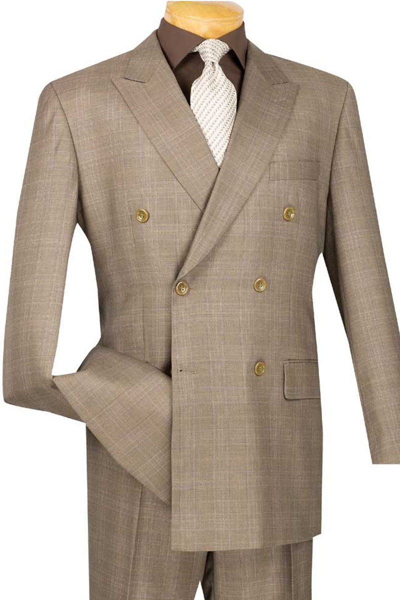 Men’s Modern Fit Double Breasted Suit in Tan Glen Plaid