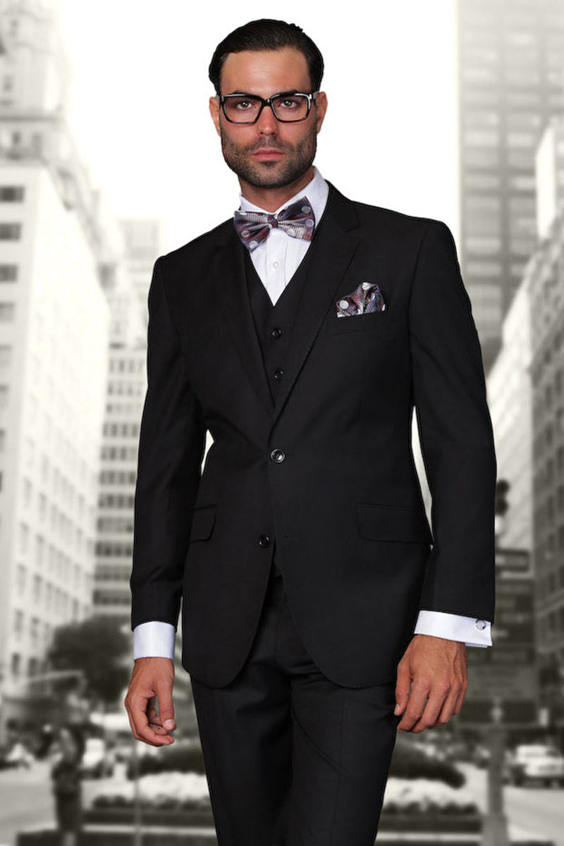 Men’s Designer Vested Modern Fit Wool Business & Wedding Suit in Black